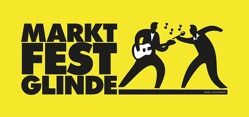 Marktfest Glinde Logo Auf einer gelben Fläche steht Marktfest Glinde, auf rechten Seite sind zwei Figuren die Musik machen