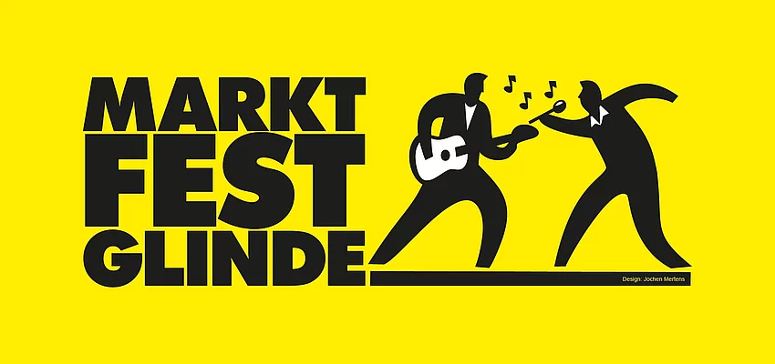 Marktfest Glinde Logo Auf einer gelben Fläche steht Marktfest Glinde, auf rechten Seite sind zwei Figuren die Musik machen